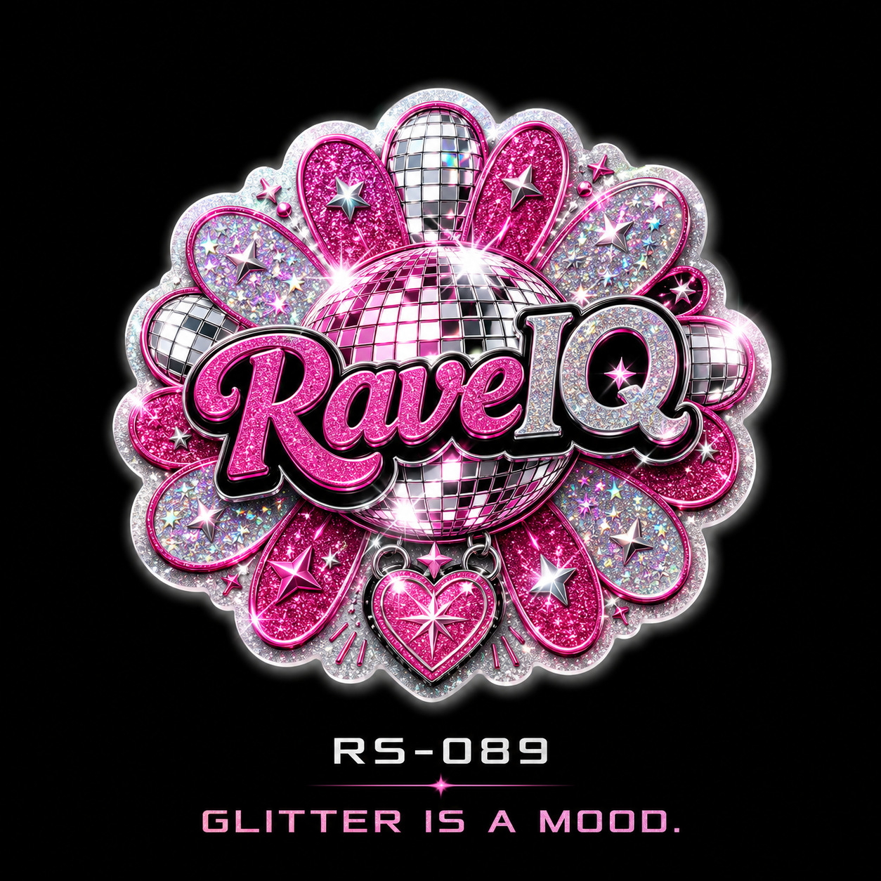 RAVE IQ sticker: Glitter is a mood. A glittering pink mirrorball flower.