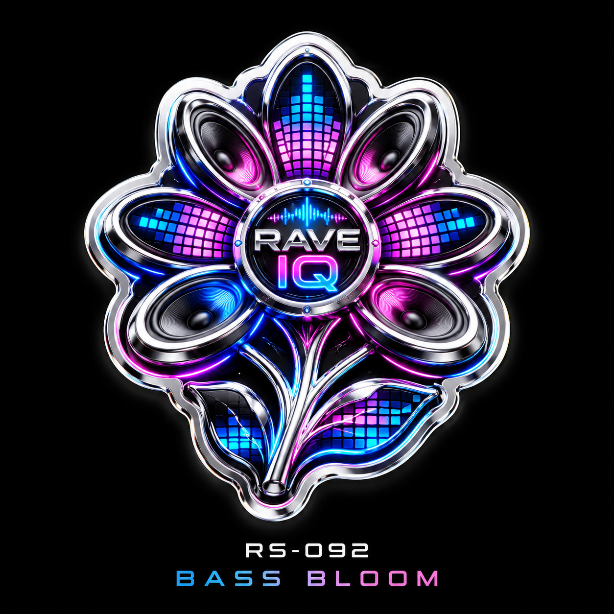RAVE IQ sticker: Bass Bloom. A flower whose petals are speakers and sound levels.