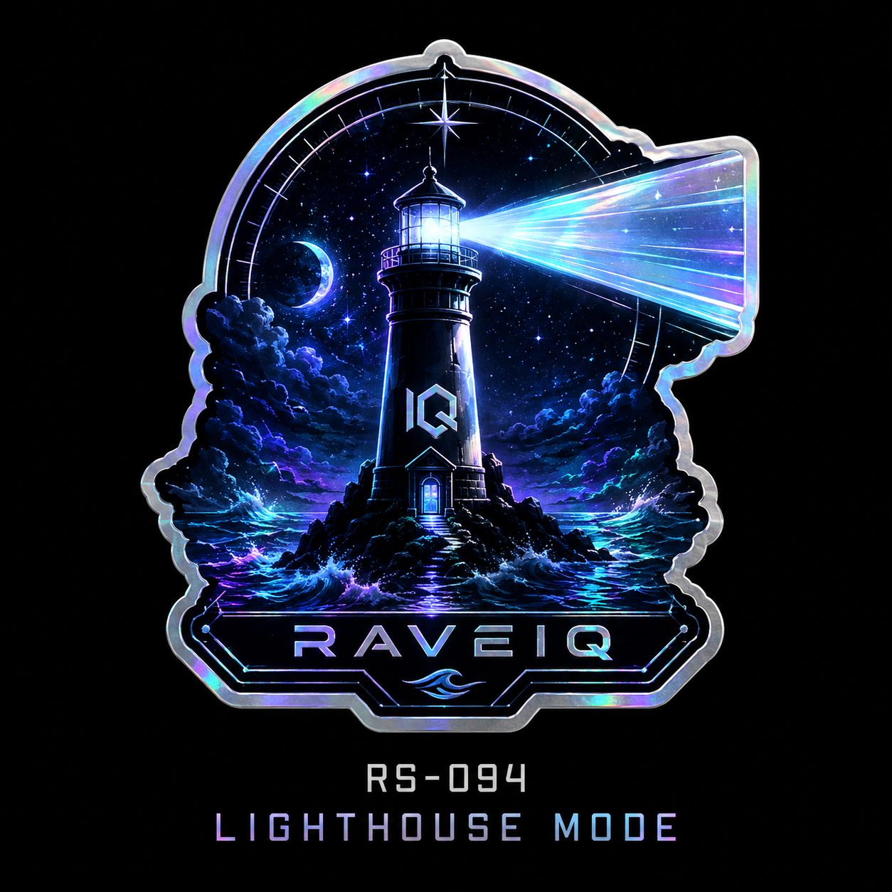 RAVE IQ sticker: Lighthouse Mode. A lighthouse shining its beam across a night sea.